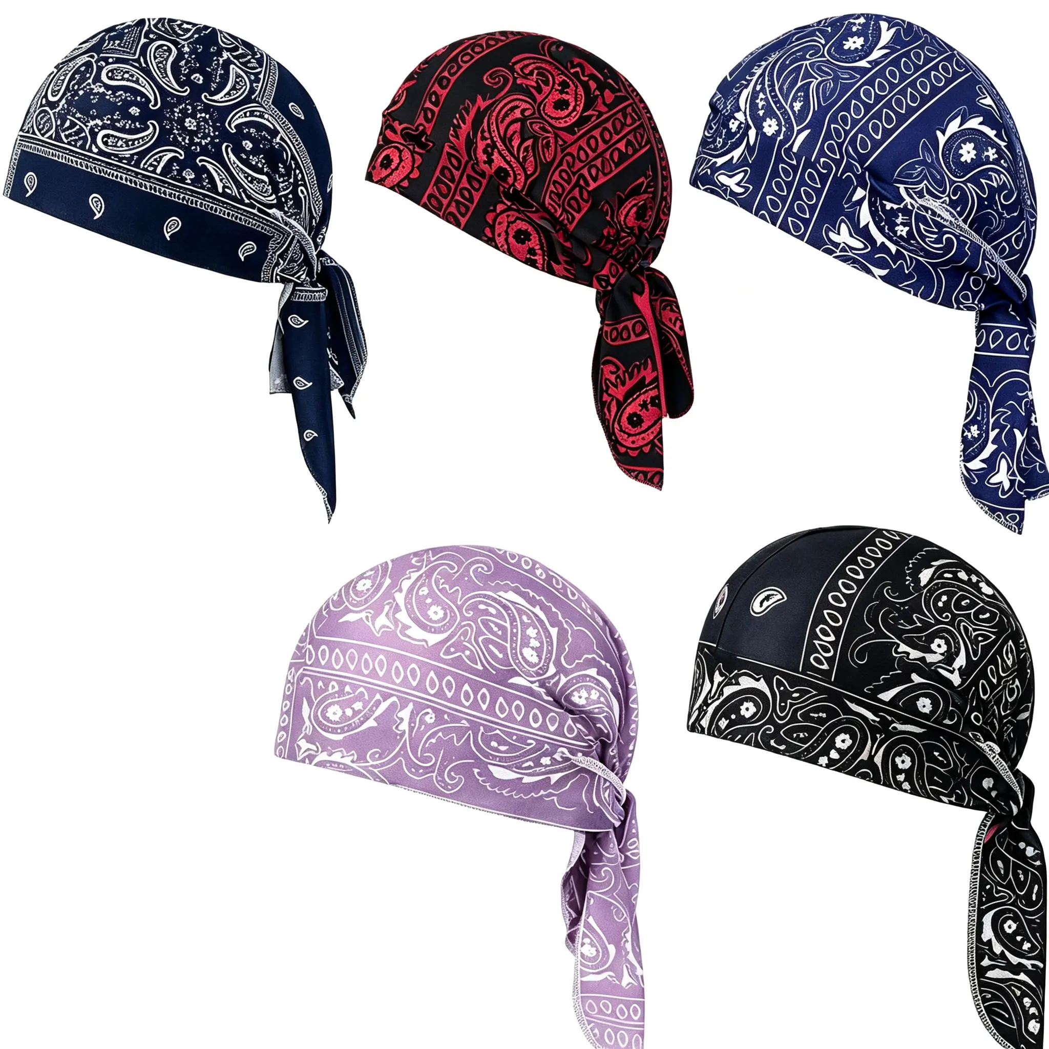 Unisex 5-Pack Paisley & Geometric Print Elastane Bandanas - Adjustable Tie-Back, Breathable Sports Headwear, Helmet Liners for Cycling, Pirate Hat Style Summer Use