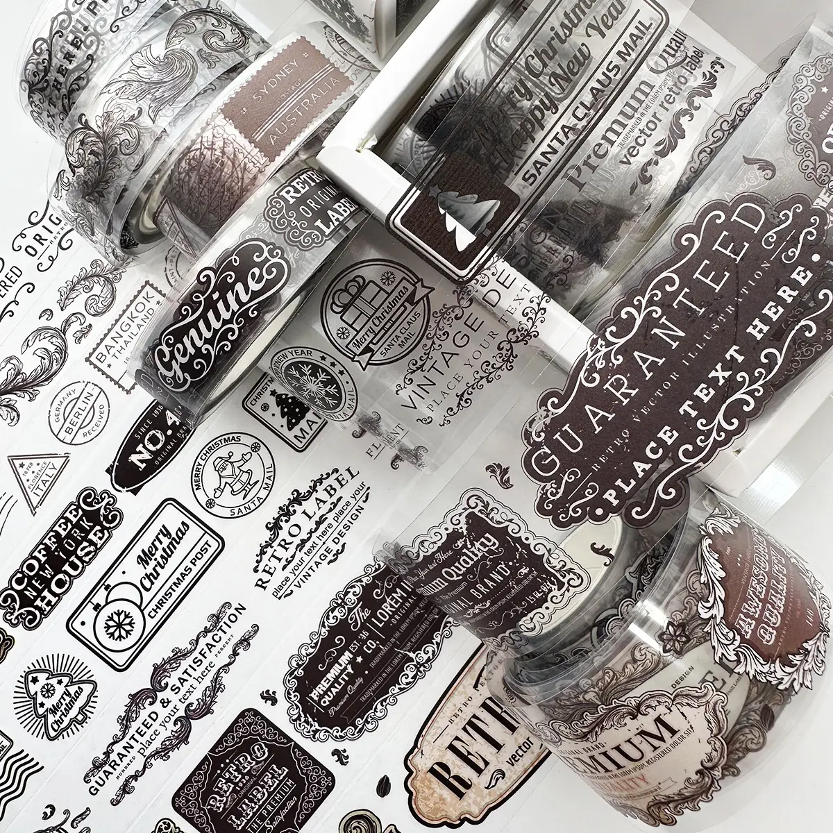 Vintage PET Washi Tape Retro Floral & Antique Label Clear Decorative Tape, Transparent Botanical Vintage Text Washi Tape