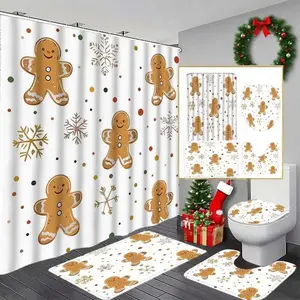 1/4pcs Christmas Gingerbread Man Shower Curtain Set, Includes Toilet Seat Cover, Rectangle Mat, U-Shaped Pad, Perfect Bathroom Decor, Bathroom Decoration Accessories, 12 Hooks Included