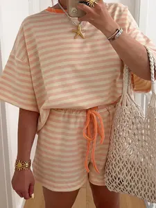 Pink Stripe Contrast Neck Loose Tee and Drawstring Shorts Set