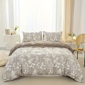Three-Piece Camel Floral Print Bedding Complete Set, Bedroom Bedding Set, Includes 1 Fitted Sheet and 2 Pillowcases, Ultra-Soft Polyester, Zipper Closure, All-Year Use, Decorative Bedsheet Sets