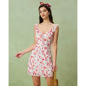 White Floral V Neck Ruffle Mini Dress