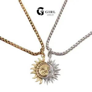 GGIRL Stylish Asymmetric Sun and Moon Matching Necklace for Couple Titanium Steel Accessories for Men Women Vintage Couple Half Moon Sun Pendant Necklacefor Creative Romantice Valentine's Day/Daily/Birthday Gift