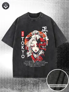 230G washed cotton T-shirt, Prajna mask and Japanese lady print, high-quality batik cotton, machine washable, with a certain thickness suitable for summer T-shirts, outdoor activities, holiday gifts