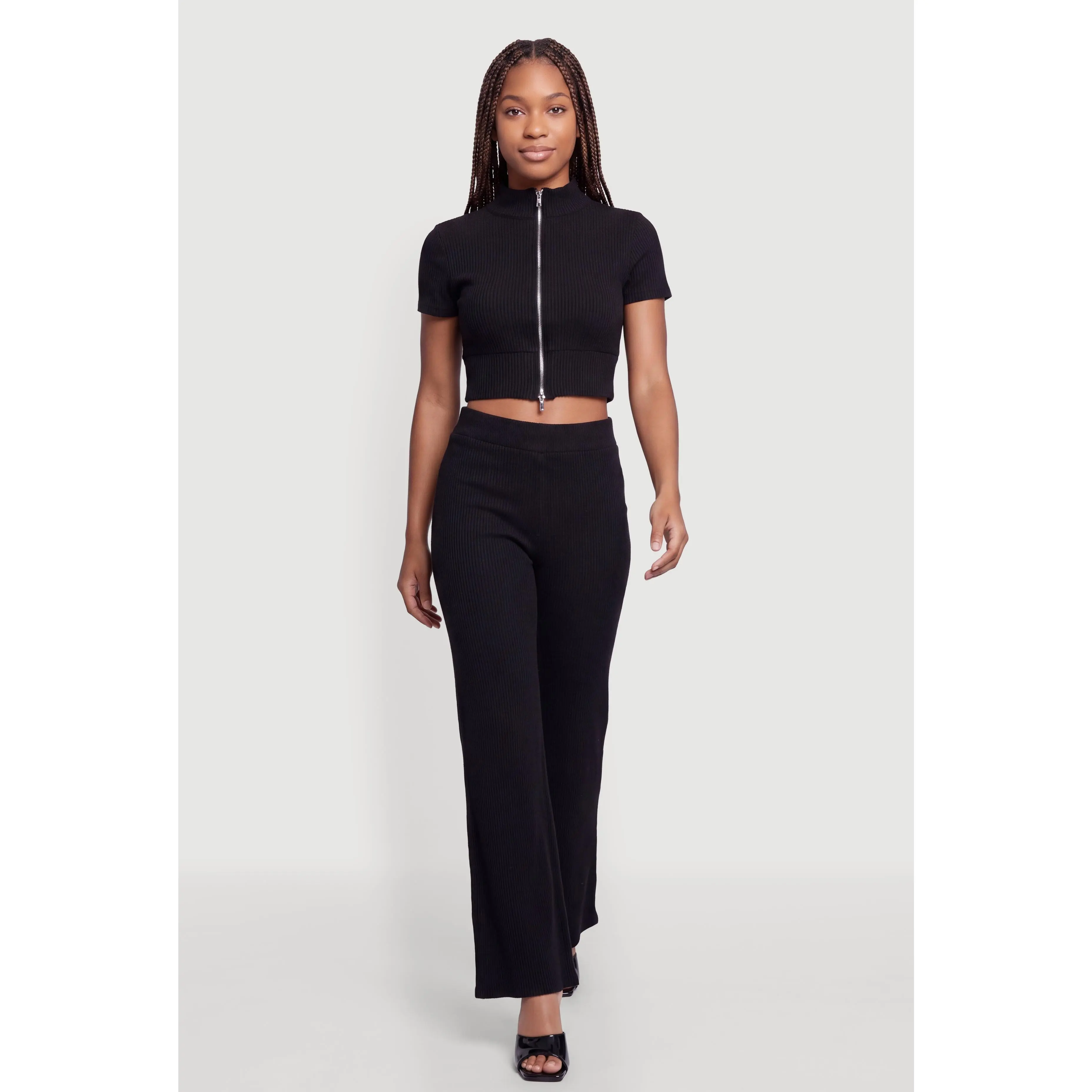 Brushed Ribbed Knit Flare Pants