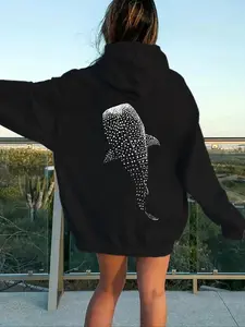 Whale Shark Print Knit Hoodie, Casual Pocket Sweatshirt, Loose Fit, Fall & Winter Fashion, Long Sleeve, Fitted Style, Men's Clothing