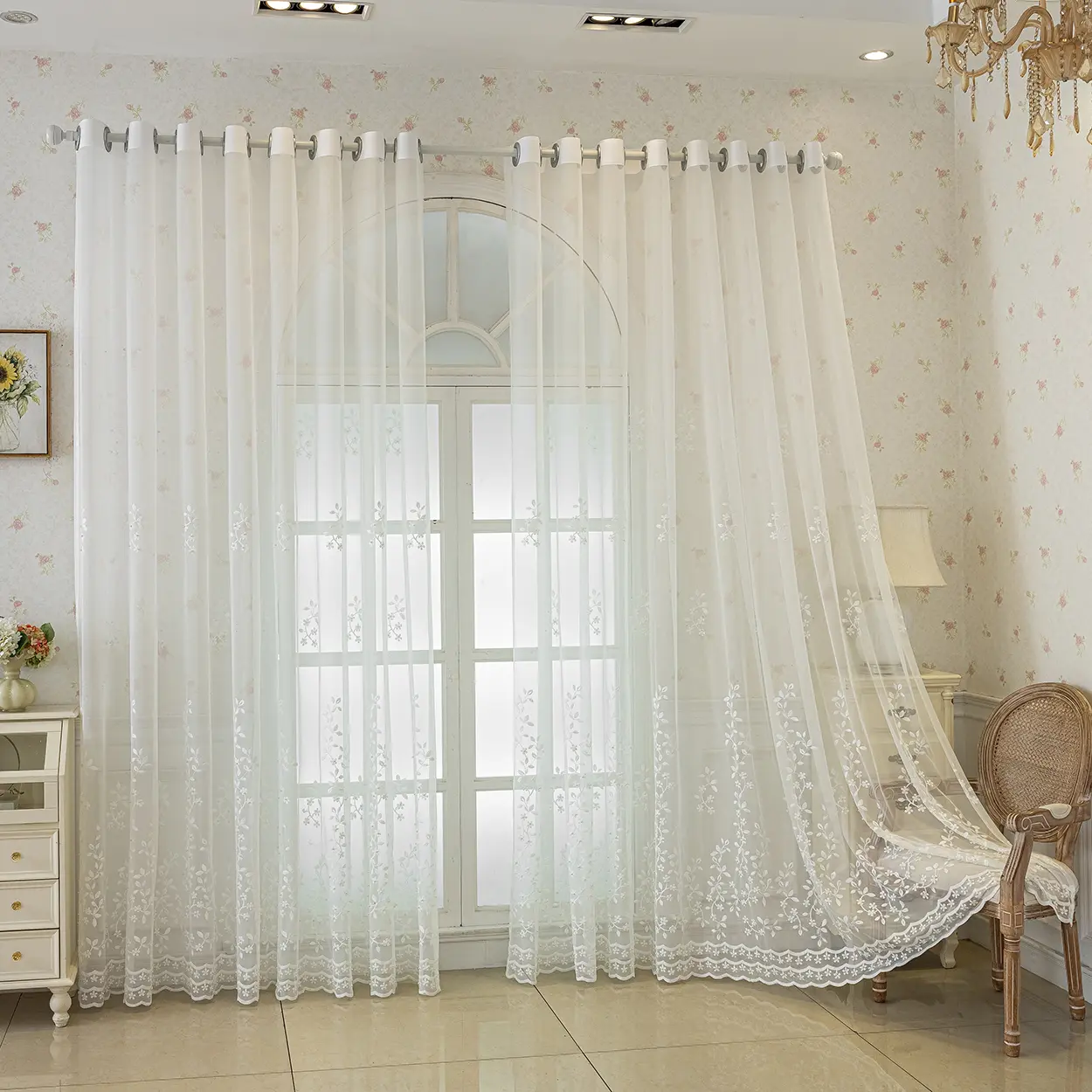 2pc Light Luxury European Suede Embroidered Grommets Curtains - Double Layer Patterned Modern Textured Light Filtering Vintage Floral Gauze Drapes, Soft-Touch Easy-Install Indoor Home Decor for Bedrooms, Sliding Doors, Low-Temp Dry Only, No Bleach