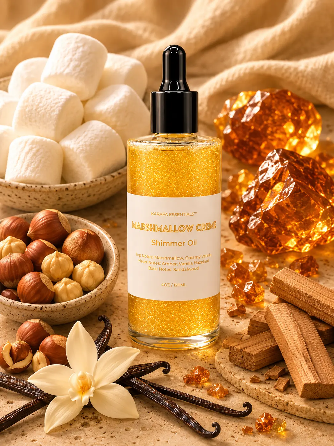 Marshmallow Creme Moisturizing Body Oil Marshmallow Amber Vanilla Hazelnut Sandalwood by Karafa Essentials