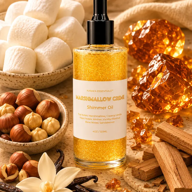 Marshmallow Creme Moisturizing Body Oil Marshmallow Amber Vanilla Hazelnut Sandalwood by Karafa Essentials