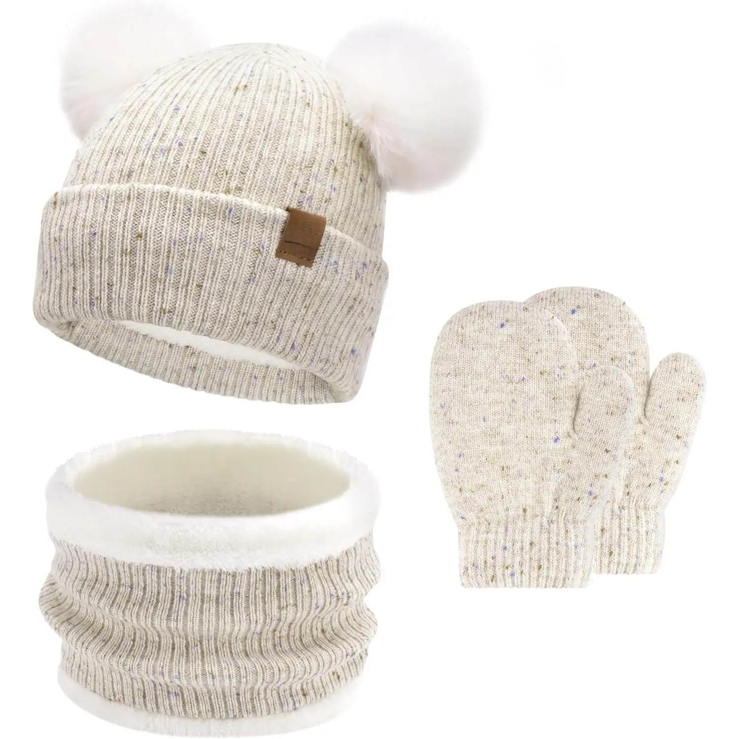 Kids 3-Piece Winter Hat, Neck Warmer & Mitten Set, Multi-Color Ribbed Knit Accessories for Toddler Boys & Girls with Elastic Stretch, Halloween Gift, Mittens, Outdoor Play, Birthday, Nylon, Rainbow Look, Wool Blend, Slouchy Beanie, Holiday, Outdoor Fun, K