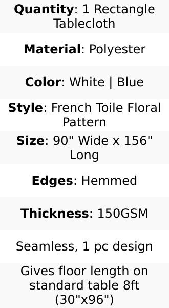 Polyester Rectangular Tablecloth 90"x156" White with Blue French Toile Pattern - Sophisticated Seamless Table Cover for Chic Weddings & Events