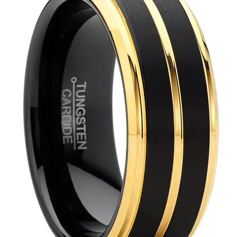Men's 8mm Wide Tungsten Carbide Band - 2-Tone Artificial Gemstone, Grooved Edge, Black Matte, Goldtone, Silvertone, Flat Top, Contoured Fit, Elegant Engagement Promiserings, Everyday Anniversary Jewelry for Adults