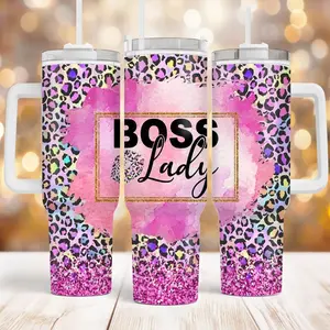 Glitter Pink Leopard Cheetah Print Lady Boss 20oz & 40oz Tumbler, Luxury Aesthetic Vacuum Insulated Cup with Lid, Trendy Rose Gold Animal Print Drinkware, Small Business Owner Essentials, Stylish Morning Coffee Mug, Desk Glow Up Decor