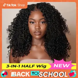 【3 In 1 Half Wig】Alipearl Hair Kinky Curly Glueless Half Wig Human Hair Wigs With Drawstring Cap Invisible Hairline Beginner Friendly