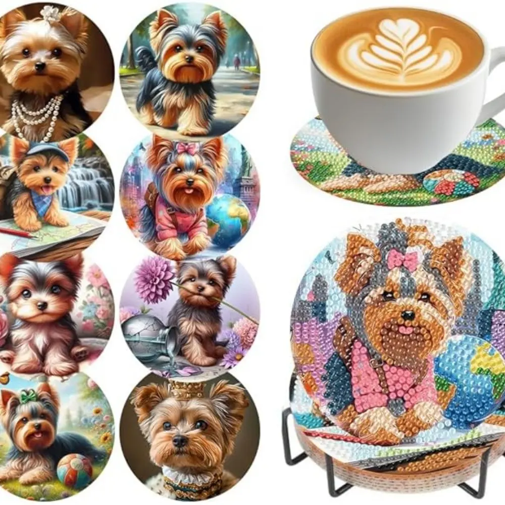 8 pieces/set of diamond painted Decorative coaster set with animal dog pattern coaster (with holder) - DIY diamond art craft kit for home decoration beginners, diamond craft supplies, artificial diamond art craft supplies gifts, Diamond Painting Coasters