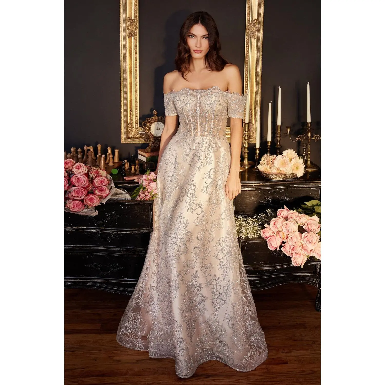 Off The Shoulder Glitter Print A-Line Gown By Cinderella Divine -J835