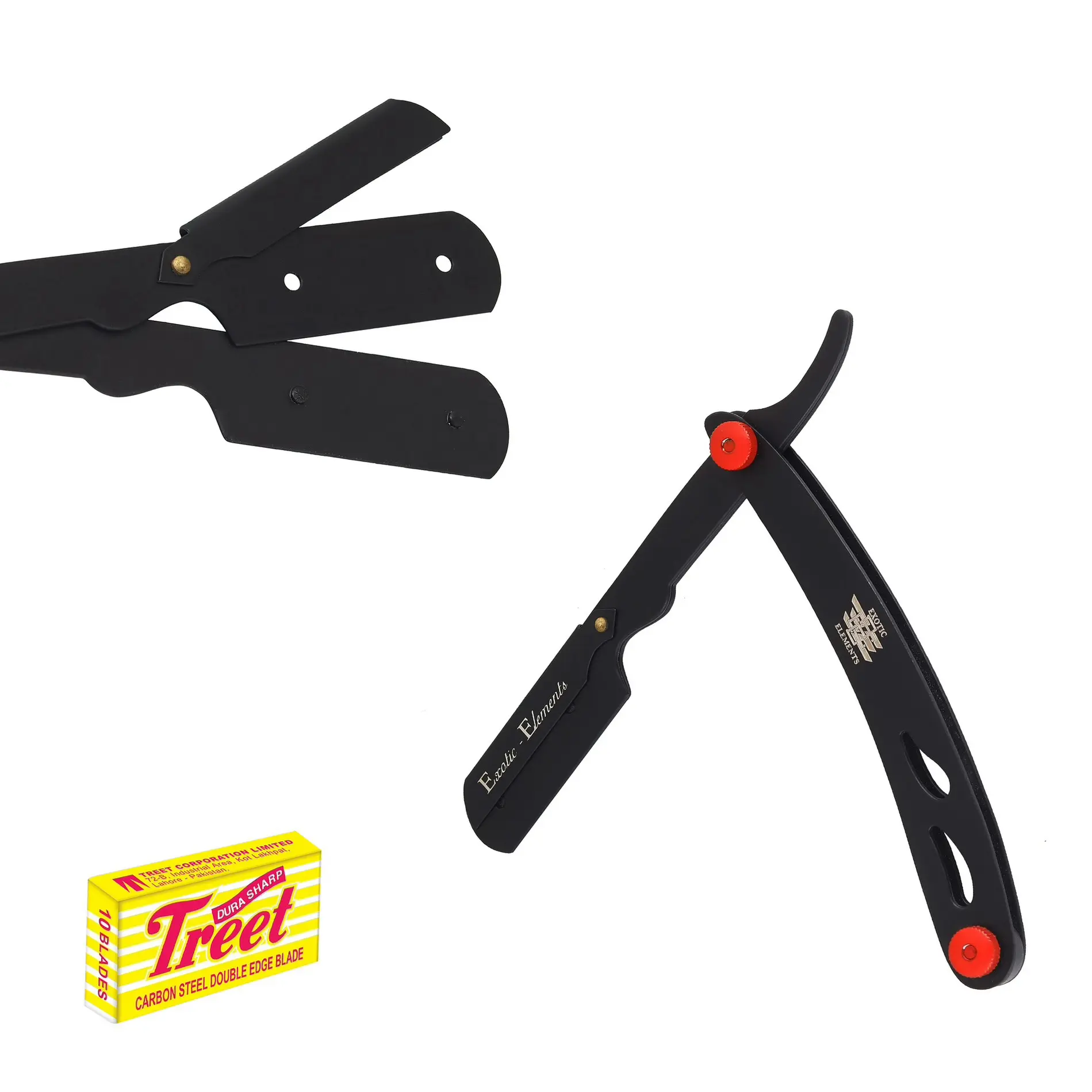 Exotic Elements - Red and Black Cool Design Straight Edge Shaving Razor - Barbershop Professional Grade Salon Shaving Razor - All Purpose Hair Shaving Razor Blade - Shave Mustache Beard Eyebrows Shapeup Forehead and More