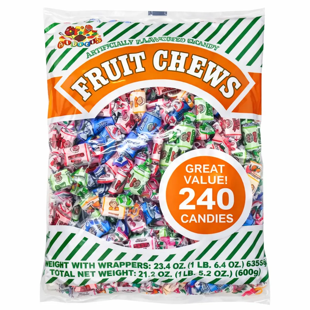 Albert's Chewy Assorted Sweet Fruits Retro-Chic Fruit Chews Mixed Variety Pack - 240-Count, 22.4 oz Low Fat Sour Candy, Sour Strawberry & Grape Gushers, Popular Snacks, Resealable Bag, 12-Month Shelf Life, Ready-to-Eat Treats