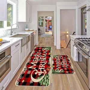 Christmas Themed Kitchen Floor Mat, 1/2/3 Counts Cartoon Pattern Kitchen Mat, Rectangular Carpet Checkered Rug for Home Living Room Bedroom