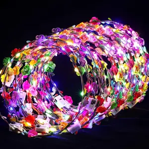 Summer Party Favor, 50 Pcs LED Flower Crowns Headbands, Light up Flower Crowns for Women, Glow in The Dark Headband for Wedding Birthday Mardi Gras Cosplay Princess Party Favors(Rose)