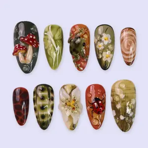 Fall Press On Nails with Frog, Mushrooms & Ladybug | Floral Fake Nails in Medium Almond | Handmade Nail Art for Cottagecore Lovers Or Gift