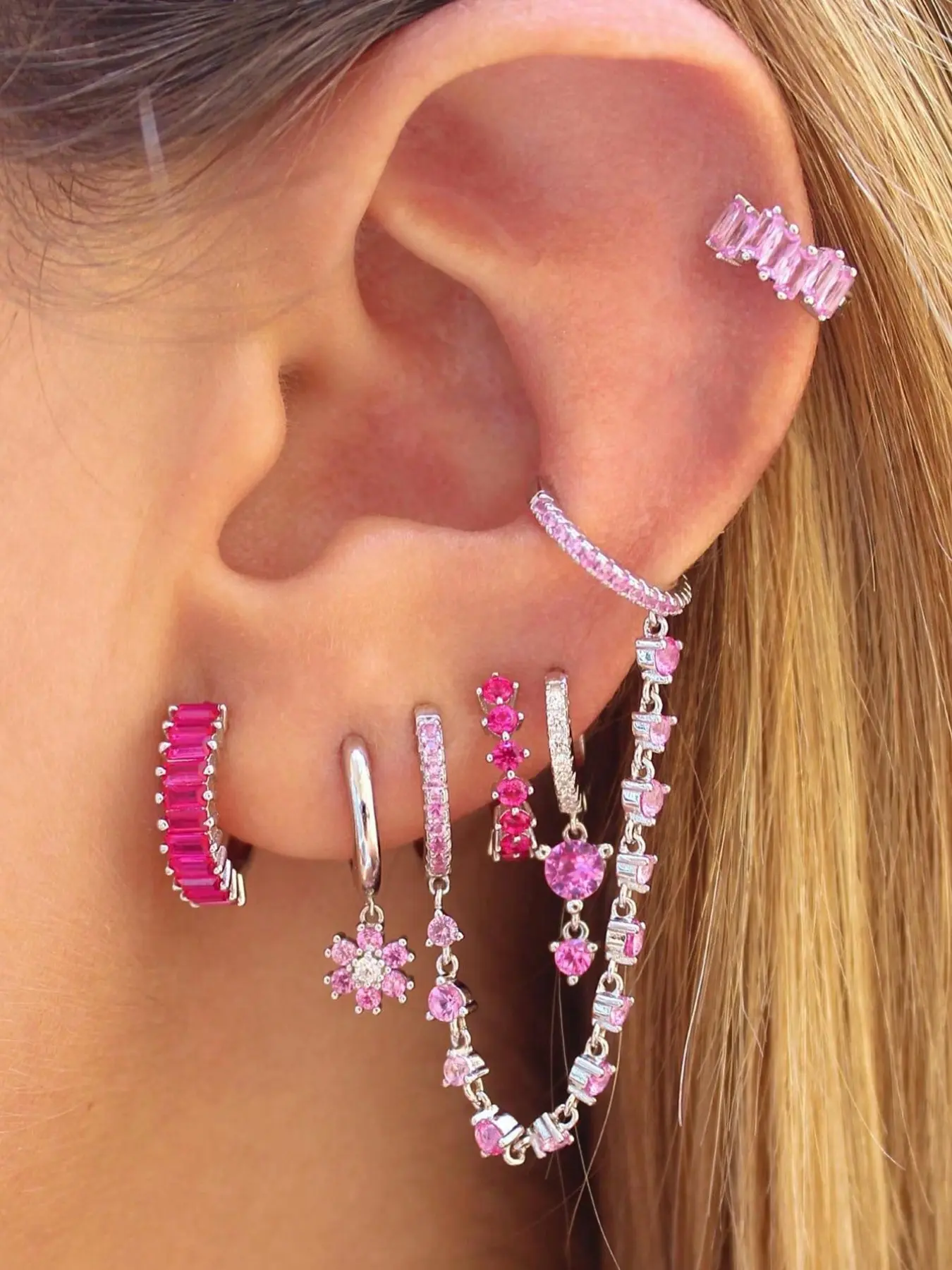 6Pcs Lovely 24K Gold Plated Cubic Zirconia Chain Earrings Set For Women Pink Zircon Chain Hoop Earrings Pack Flower Drop Dangle Earrings Stack Fashion Jewelry Gift Stackable Earrings