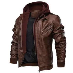 Men Brown Leather Motorcycle Jacket with Removable Hood Hoodie Casual