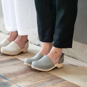Stone Grey Closed Back Clogs for Women / Low Wooden Heel / Nubuck Leather / Swedish / Brett Low