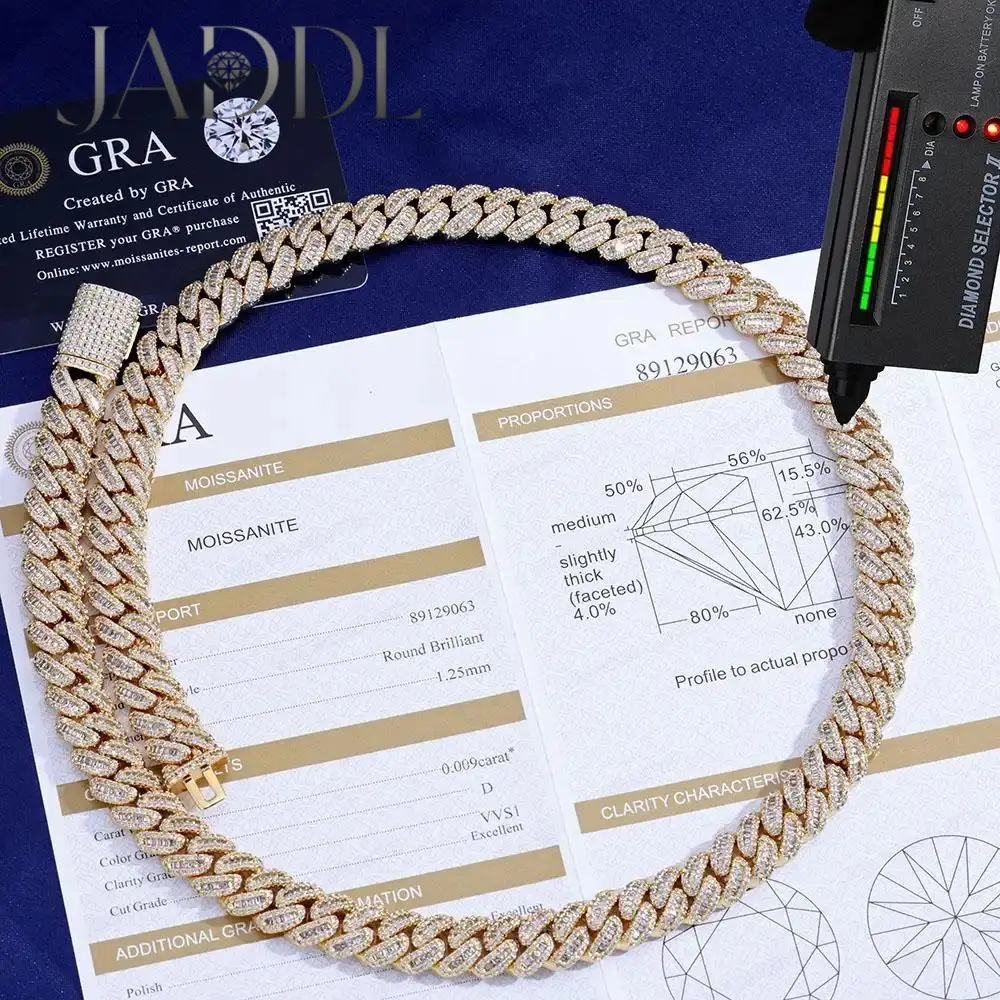 New 12mm VVS Moissanite Cuban Link Chain 925 Sterling Silver VVS Diamond Bling Iced Out Women Two Stone Necklace-JADDL