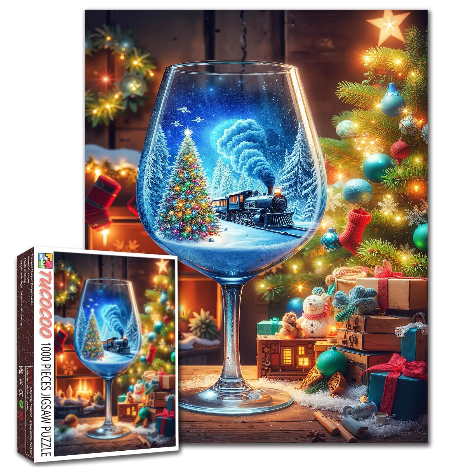 Tucocoo Christmas Train Snow Globe 1000 Pieces Jigsaw Puzzle Winter Steam Locomotive Fireplace Tree Holiday Fantasy Art for Adults, Family Game Night, Stress Relief, Brain Challenge, Wall Decor Gift for Train Lovers, 27.5x20inch(70x50cm)