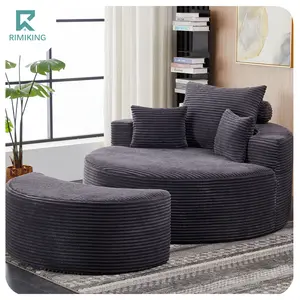 RIMIKING Corduroy Round Swivel Chair with Ottoman, Ergonomic No-Assembly Lounge Chair Set with Pillows & Free Soft Blanket，8678