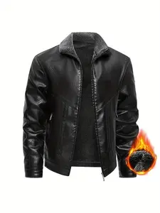 Men's leather jacket, new winter PU leather lapel fur integrated men's coat, men's solid color business fashion casual zipper leather coat for men