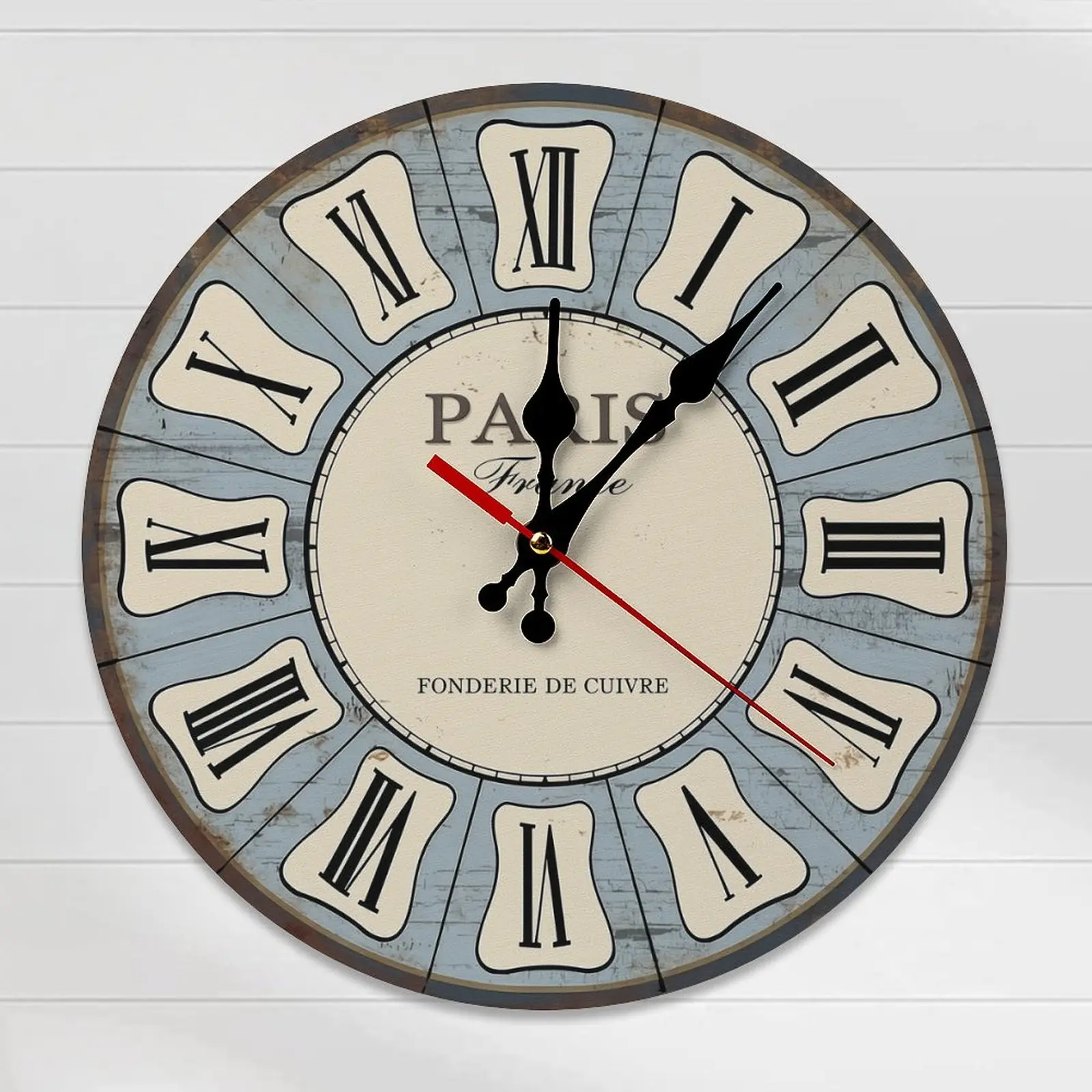10-12 in Round Wood Analog Clock, Farmhouse Paris Vintage Script Printing Roman Numeral Wall Clock - Romance Home Supplies with 2 Size Options, Shabby Chic Silent Home Decor, Easy Assembly