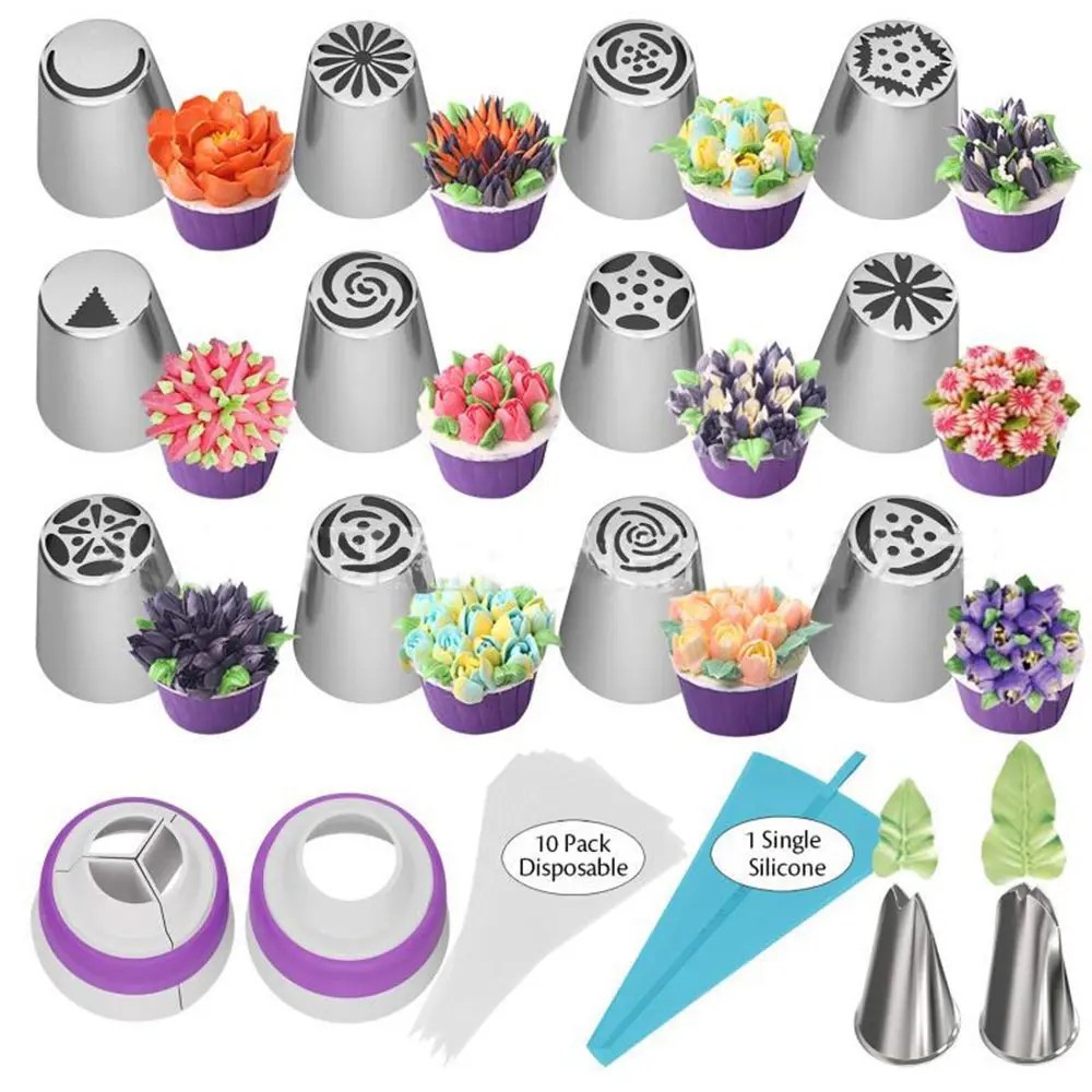 27Pcs Heavy Duty Stainless Steel Bakeware Cake Decorating Set - 12 Various Shapes Russian Piping Nozzles, 2 Leaf Nozzles, 2 Converters, 10 Disposable Bags, 1 Washable TPU Bag for Cupcake, Birthday Party (Home Improvement)