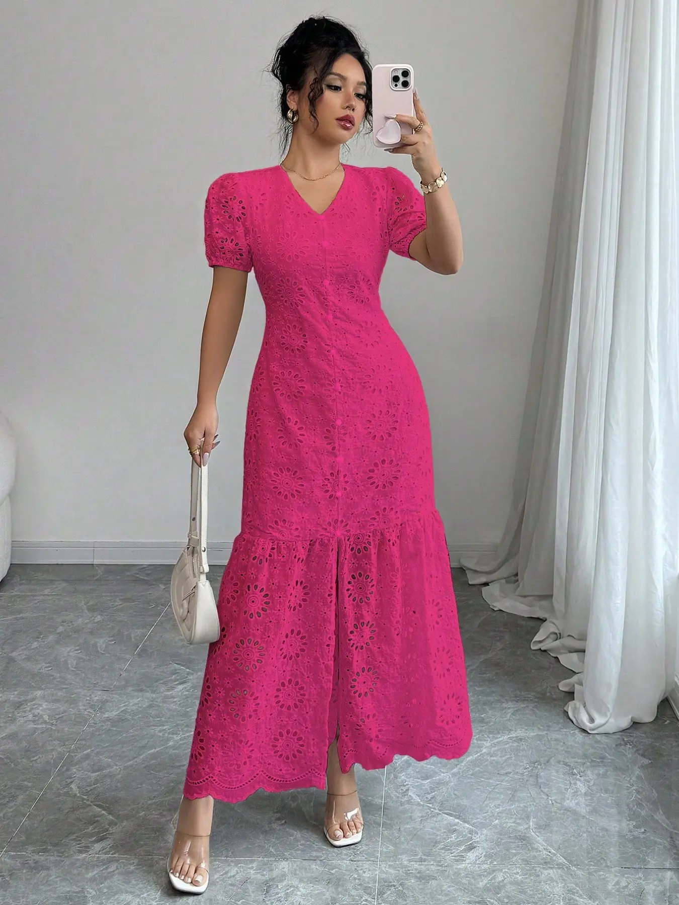 Women's Elegant Aesthetic Hollow Out Embroidery Dress, Colorful Lace-Up Design, Long Sleeve Party Gown, Casual & Stylish Chic Feminine Clothing