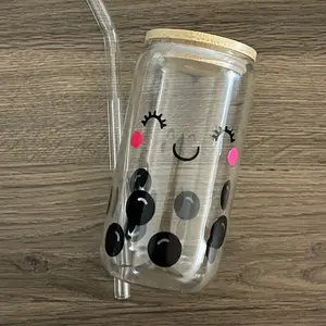 Boba Beer Glass Cup with Glass Straw and Bamboo Lid