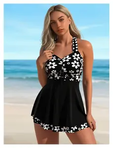 Polka Dot Tankini Swimsuit for Women - Daisy Print Halter Top with Flared Skirt Bottom - Tie Front Two Piece Bathing Suit - Modest Swimwear for Beach & Pool