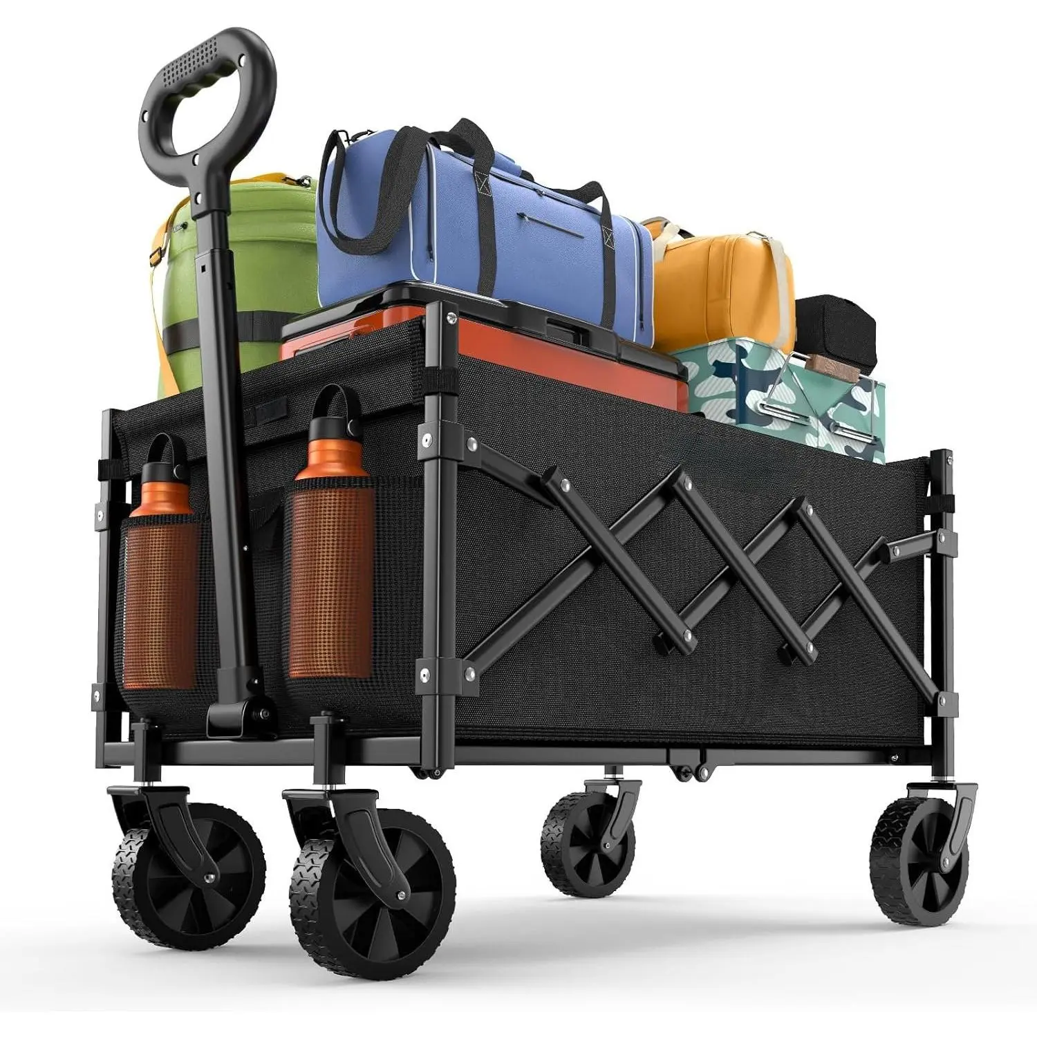 Collapsible Wagon with Wheels, 220 lbs Wagons Carts Foldable Wagon Cart with Flexible Handle, Lightweight Portable Folding Utility Grocery Shopping Cart for Grocery  Garden Camping