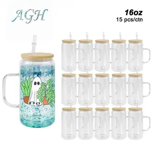 AGH US 15pcs/carton 16 OZ Snow Globe double wall Glass handle tumbler with bamboo lids