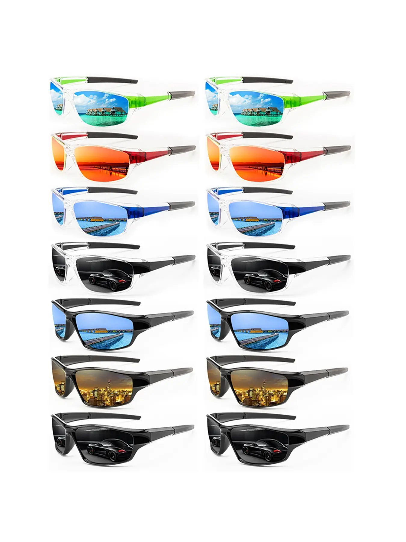 14 pairs pieced sports sunglasses, Sports eyewear, for men and women, available in multiple colors, UV400 protection, ideal for outdoor activities, classic design combining fashion and practicality