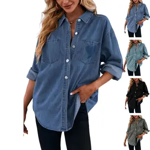 Lannew Women's Casual Denim Jacket Button Down Long Sleeve Stretchy Jean Coat With Pockets Fashion Womenswear