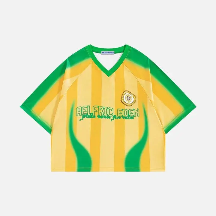 Aelfric Eden Boxy Gradient Stripe Football Jersey V neck Raglan Sleeve Gradient Stripe Print Retro Sporty Streetwear Unisex Top Athletic Workout Tops