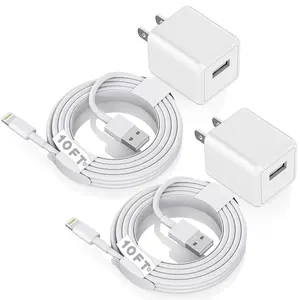 SANPRIO 2PACK 10Ft Long Cable Data Sync Charging Cords with USB Wall Charger for iPhone 14 13 12 11 Pro Max SE 2020 X XR 8 7 6 iPad Tablet Durable Cellphone Electronic
