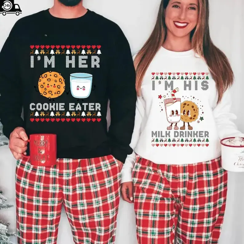 Matching Christmas pajamas for couples featuring “I’m Her Cookie Eater” & “I’m His Milk Drinker” — cute, funny holiday PJs set and a perfect couple gift.