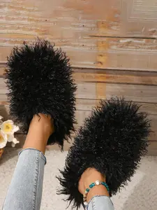 Women's Comfort Minimalist Plain Color Fluffy House Slippers, Fur Slippers, Fuzzy Plush Slippers House Shoes for Women, Fashionable Soft Winter Shoes for Women & Girls, Stylish Walking Shoes, Casual Home Slippers, Footwear