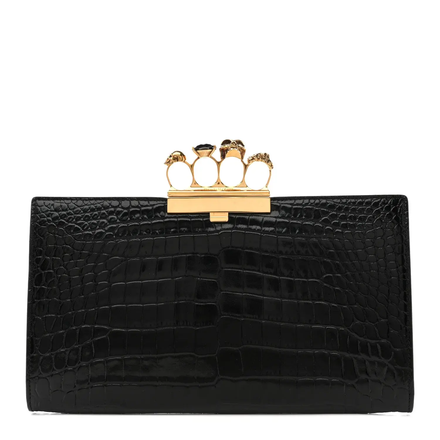 Pre-owned Alexander McQueen Crocodile Embossed Calfskin Leather Clutches and wristlets Calfskin Embossed Knuckle Flat Clutch Black Gold