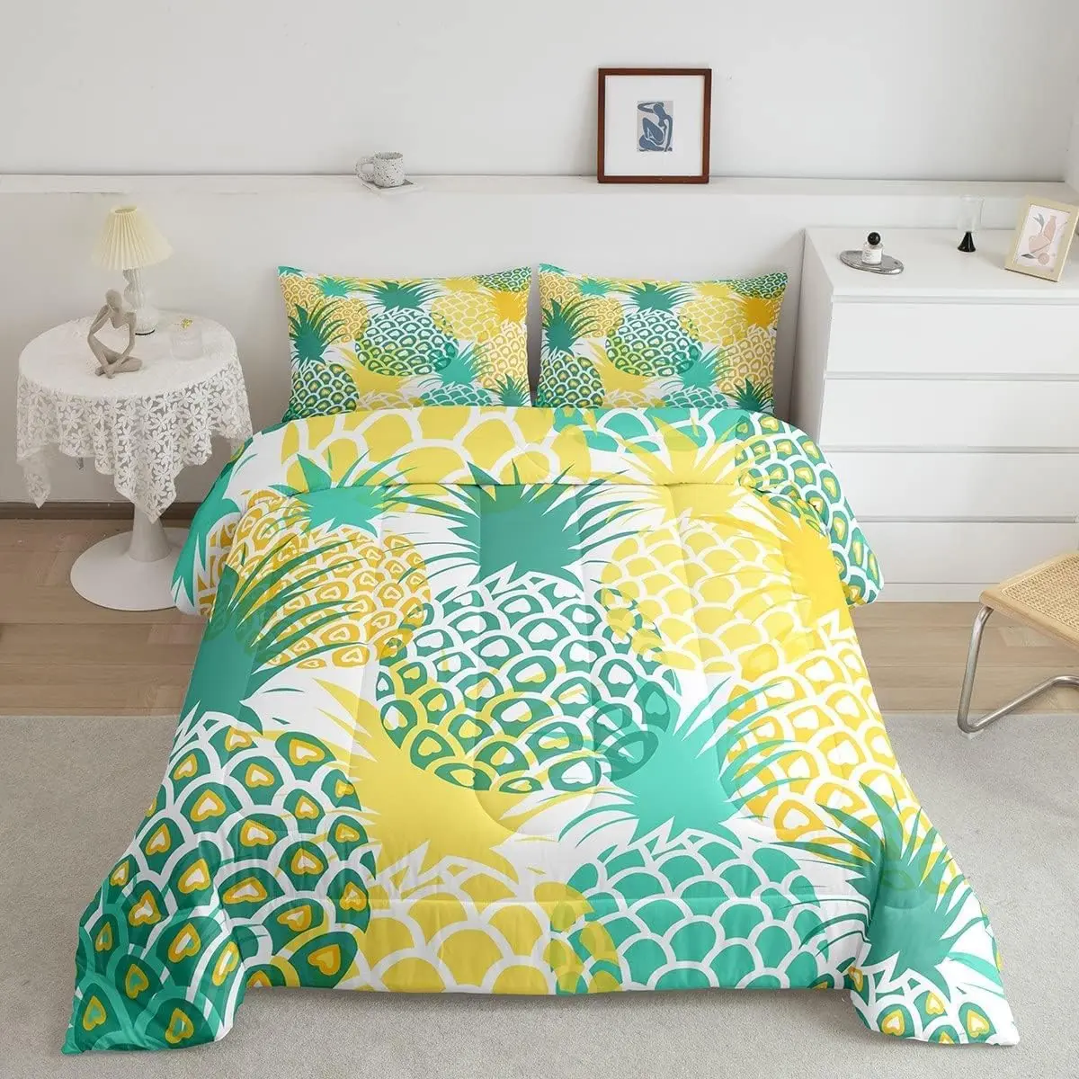 3D Pineapple Pattern Comforter Set - Green Yellow Tropical Fruit Soft Textile Duvet Linens, Decorative Bedroom Bedding Set, Decorative Bedding Set