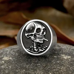 GTHIC Vintage Hobo Skeleton Stainless Steel Skull Ring Statement Jewelry Biker Ring for Men Daily Wear Father's Day Gift