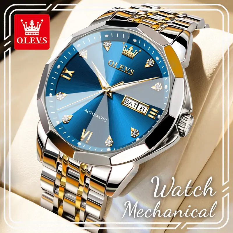 OLEVS 9982 Men's Self-Winding Mechanical Watch, Blue Octagonal Sunburst Dial With Rhinestone Crystal Markers, Dual Day & Date, Luminous Hands, 3ATM Daily Splash Resistant Business Wristwatch, Birthday Anniversary Gift For Husband Boyfriend