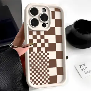 Brown Checkerboard TPU Case for iPhone 17 Pro Max 16 16e 15 14 Plus 13 12 Mini 11 Air X XS Straight Edge Drop-Resistant Rugged Durable Cover Shell Valentine's Day Gift 2D printing